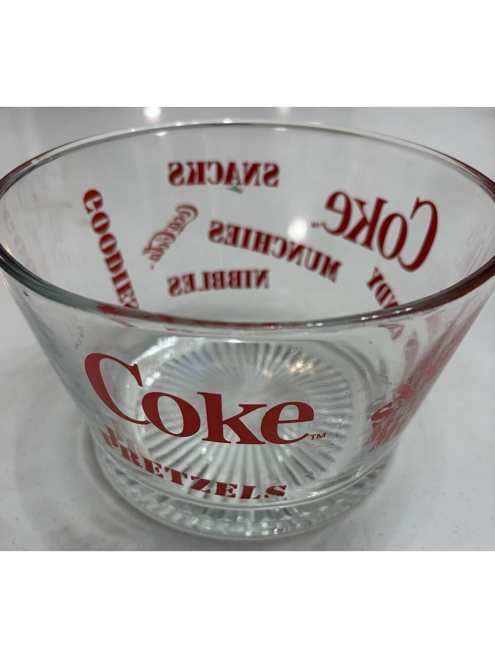 Vintage Coke,Coca-Cola, Glass Snack Bowl With Retro Logo & Snack Themed Words 7”